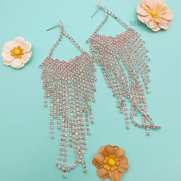 Diamond Shape Forever Fringe Rhinestone Earrings(Silver Tone) - Picture 1 of 7